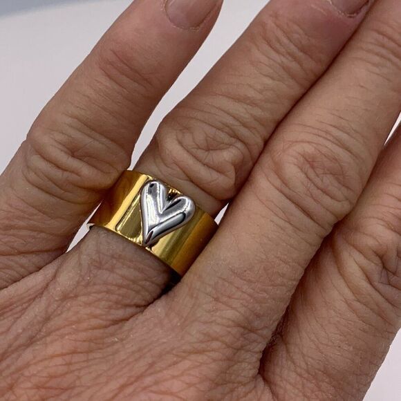 Ring, new, gold coloured stainless steel, adjustable, heart, cigar band - Picture 1 of 16
